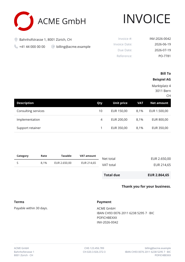 Classic Red invoice template — first page