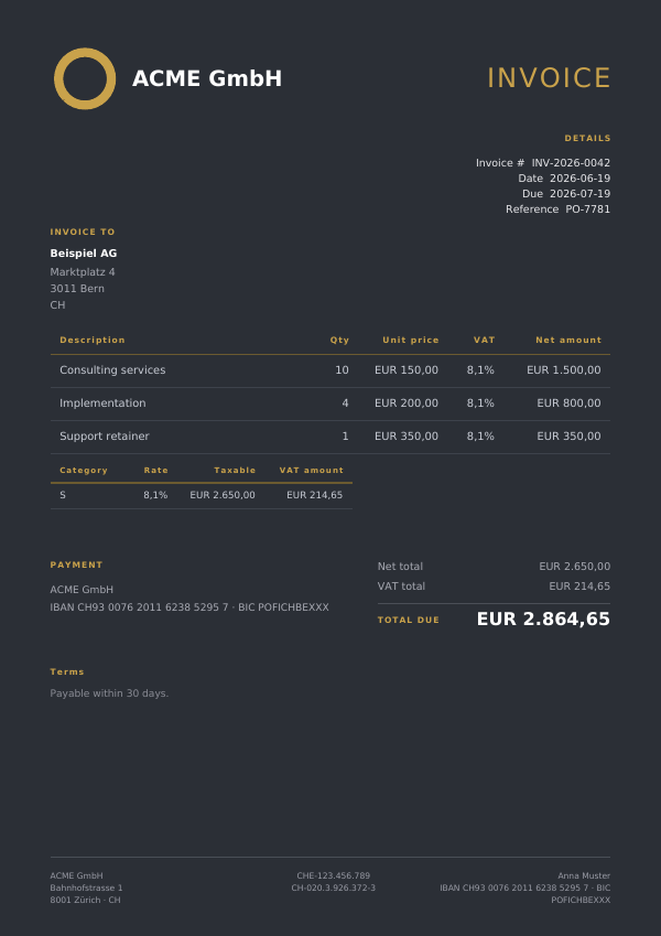 Dark & Gold invoice template — first page