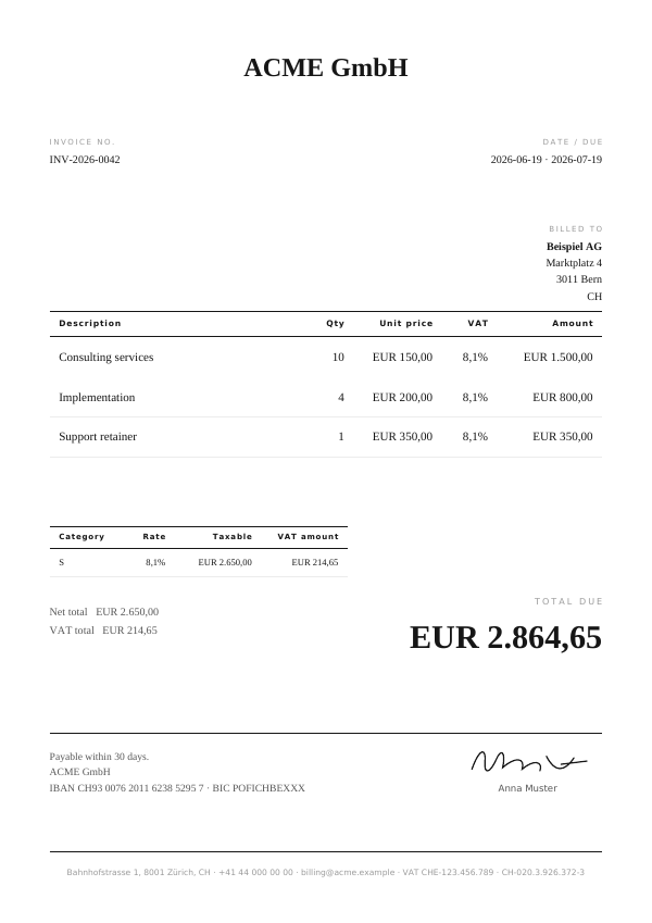 Editorial invoice template — first page