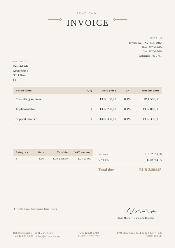 Elegant Taupe invoice template — first page