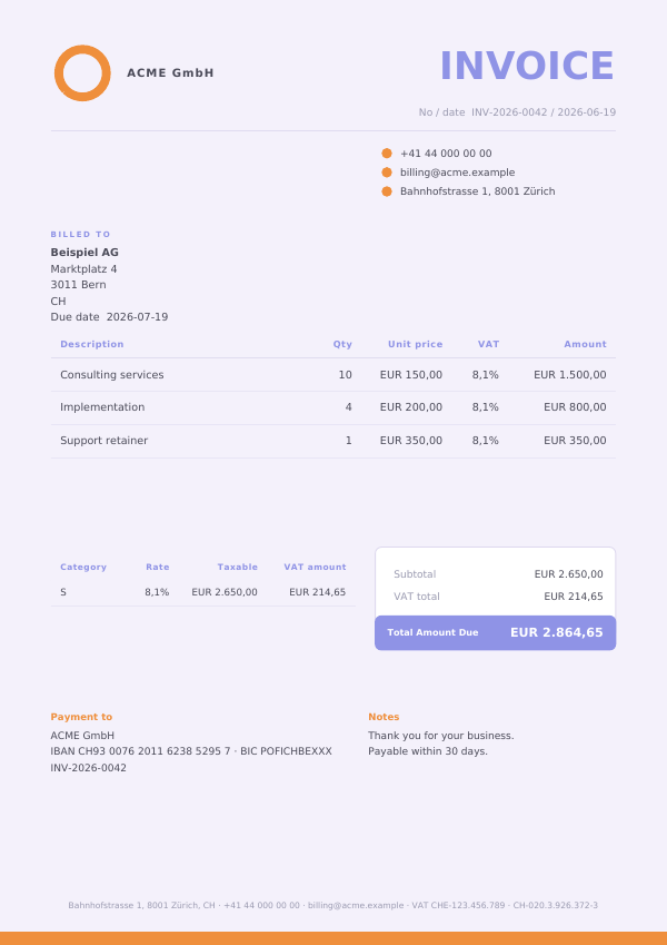 Lavender invoice template — first page