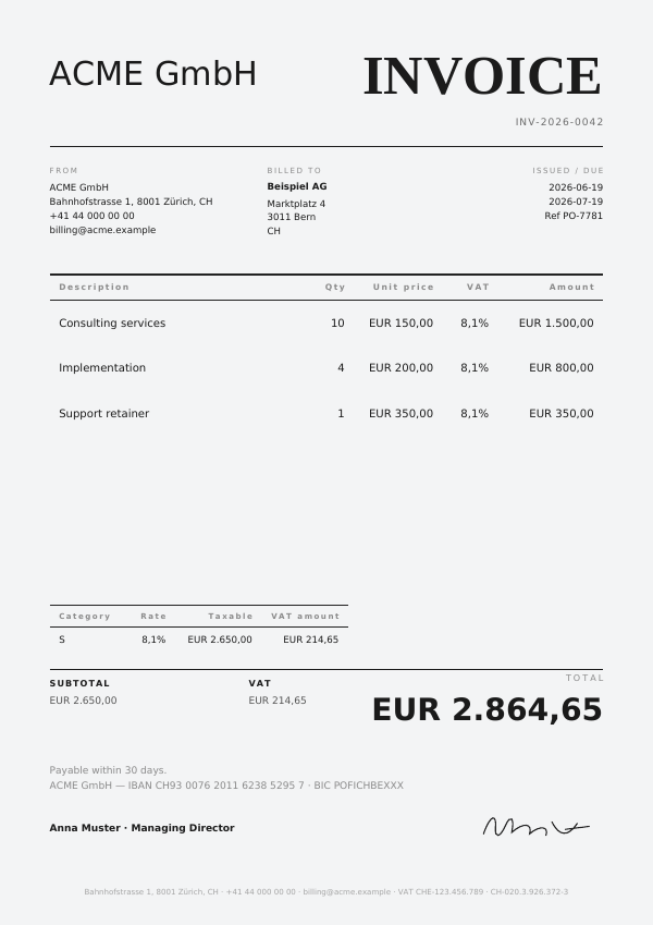 Minimal Wordmark invoice template — first page
