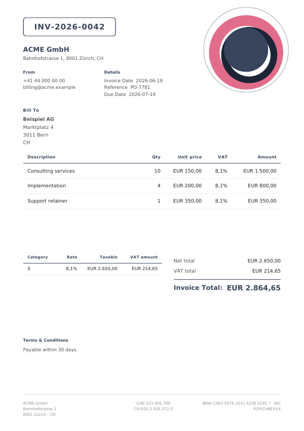 Slate Rose invoice template — first page