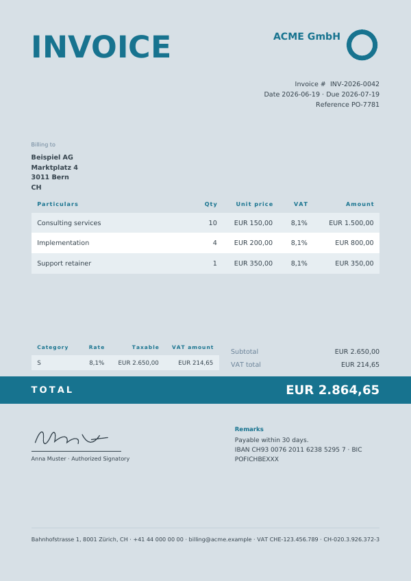 Steel Blue invoice template — first page