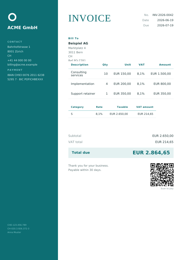 Teal Panel invoice template — first page