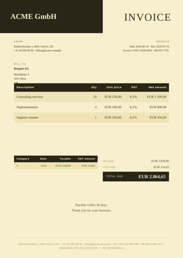 Warm Amber invoice template — first page